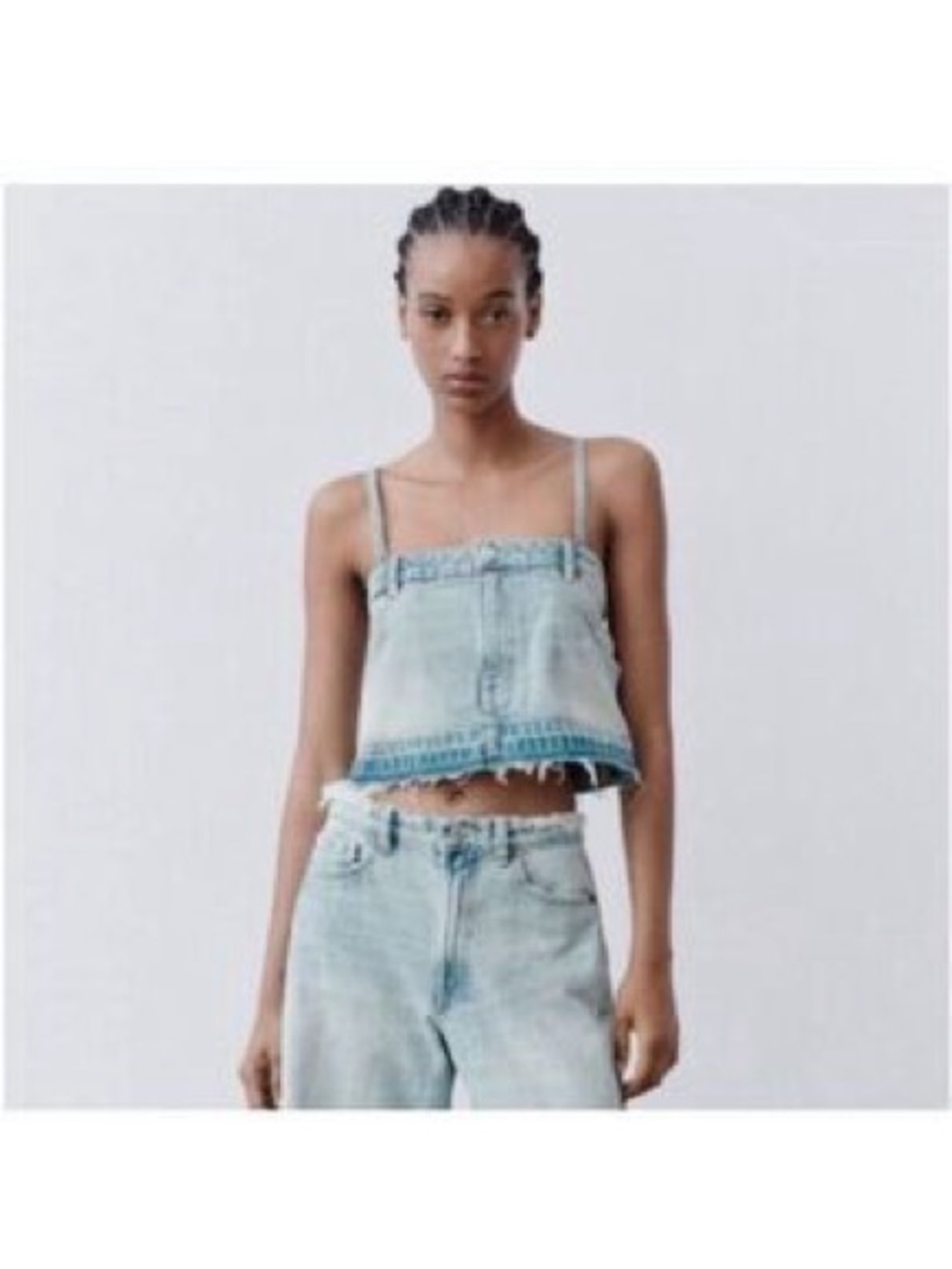 Zara Cropped Denim Frayed Tank Top Size M Blue